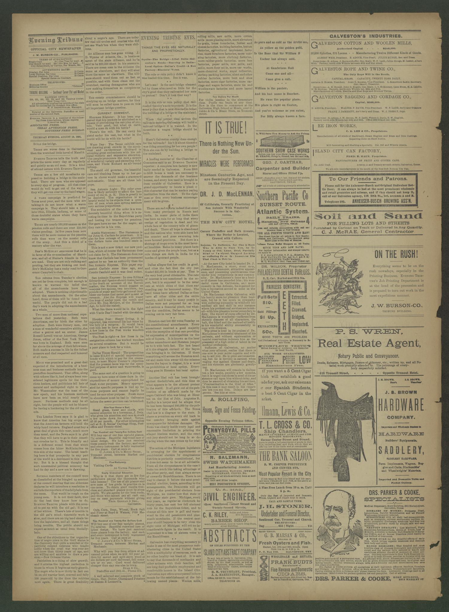 Evening Tribune. (Galveston, Tex.), Vol. 11, No. 243, Ed. 1 Thursday, August 13, 1891
                                                
                                                    [Sequence #]: 2 of 4
                                                