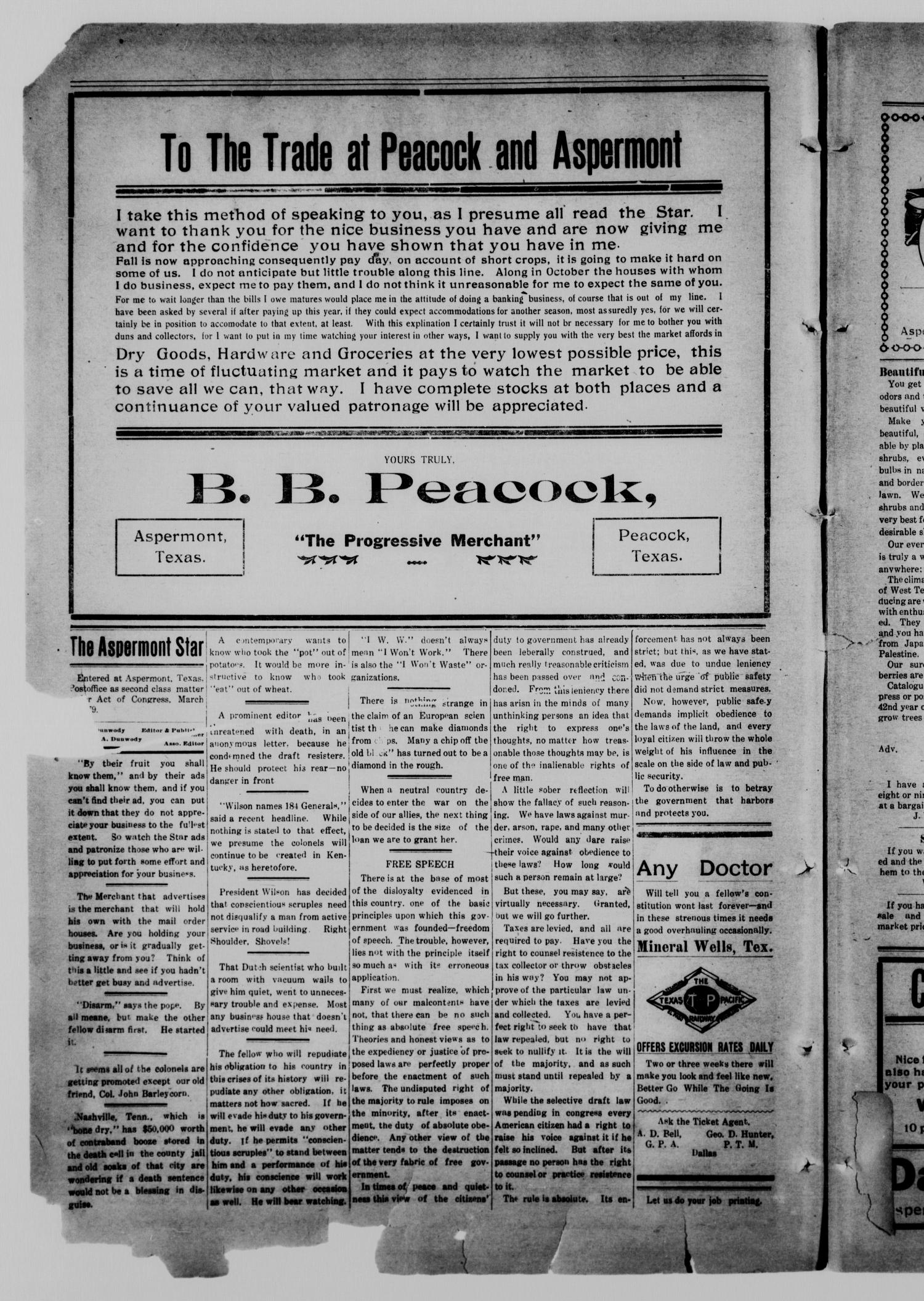The Aspermont Star (Aspermont, Tex.), Vol. 20, No. 8, Ed. 1  Thursday, September 13, 1917
                                                
                                                    [Sequence #]: 2 of 8
                                                