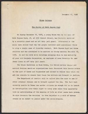 Primary view of object titled 'Press Release: The Murder of Webb Eugene Boyd'.
