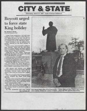 Primary view of object titled '[Clipping: Boycott urged to force state King holiday #1]'.
