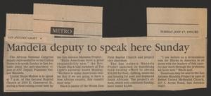 Primary view of object titled '[Clipping: Mandela deputy to speak here Sunday]'.