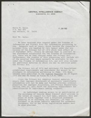 Primary view of object titled '[Letter from Charles E. Savige to Mario M. Salas, June 6, 1980]'.
