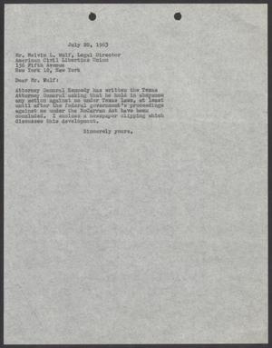 [Letter to Melvin L. Wulf, July 20, 1963]