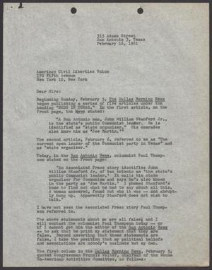 Primary view of object titled '[Letter from John W. Stanford, Jr. to the American Civil Liberties Union, February 16, 1961]'.