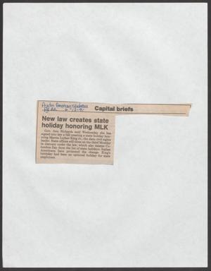 Primary view of object titled '[Clipping: New law creates state holiday honoring MLK]'.