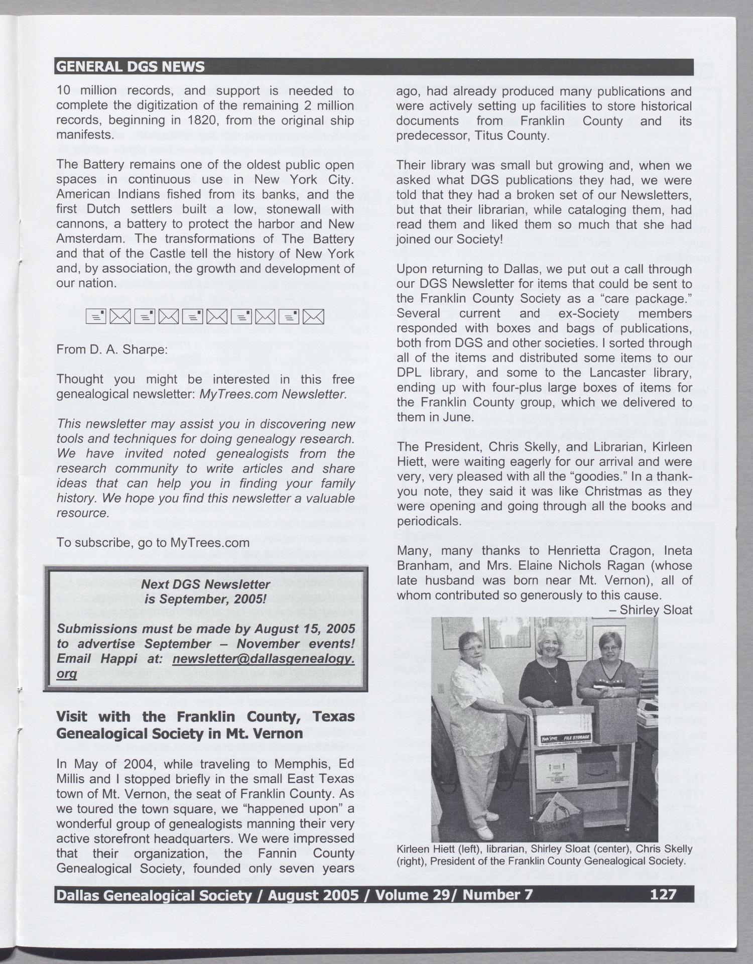 DGS Newsletter, Volume 29, Number 7, August 2005
                                                
                                                    127
                                                