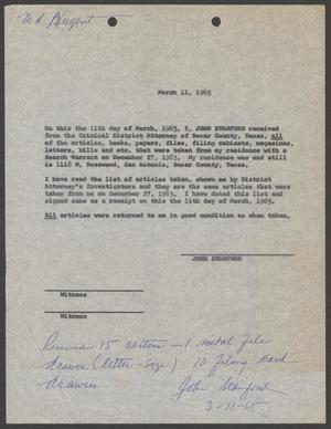 [Document Certifying the Return of John W. Stanford's Property]