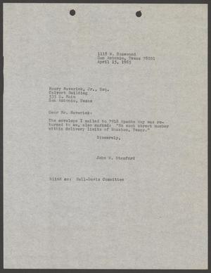 Primary view of object titled '[Letter from John W. Stanford to Maury Maverick, Jr., April 15, 1965]'.