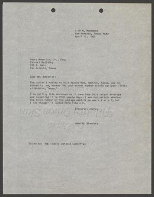 Primary view of object titled '[Letter from John W. Stanford to Maury Maverick, Jr., April 11, 1965]'.