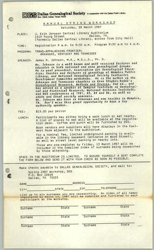 [Dallas Genealogical Society Annual Spring Workshop Registration Form, 1987]
