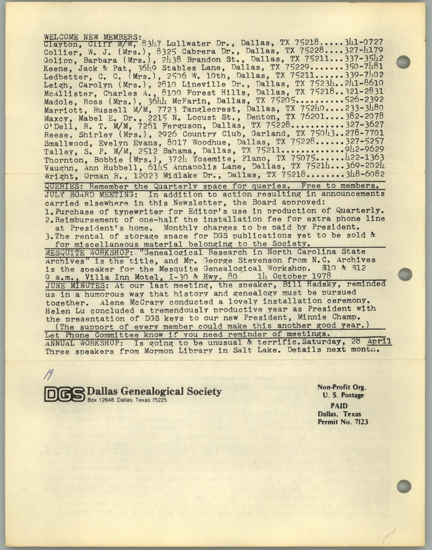 DGS Newsletter, Number 19, September 1978
                                                
                                                    [Sequence #]: 2 of 2
                                                