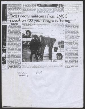Primary view of object titled '[Clipping: Class hears militants from SNCC speak on 400 year Negro suffering]'.