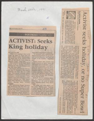 Primary view of object titled '[Clipping: Activist seeks holiday, or no Super Bowl]'.