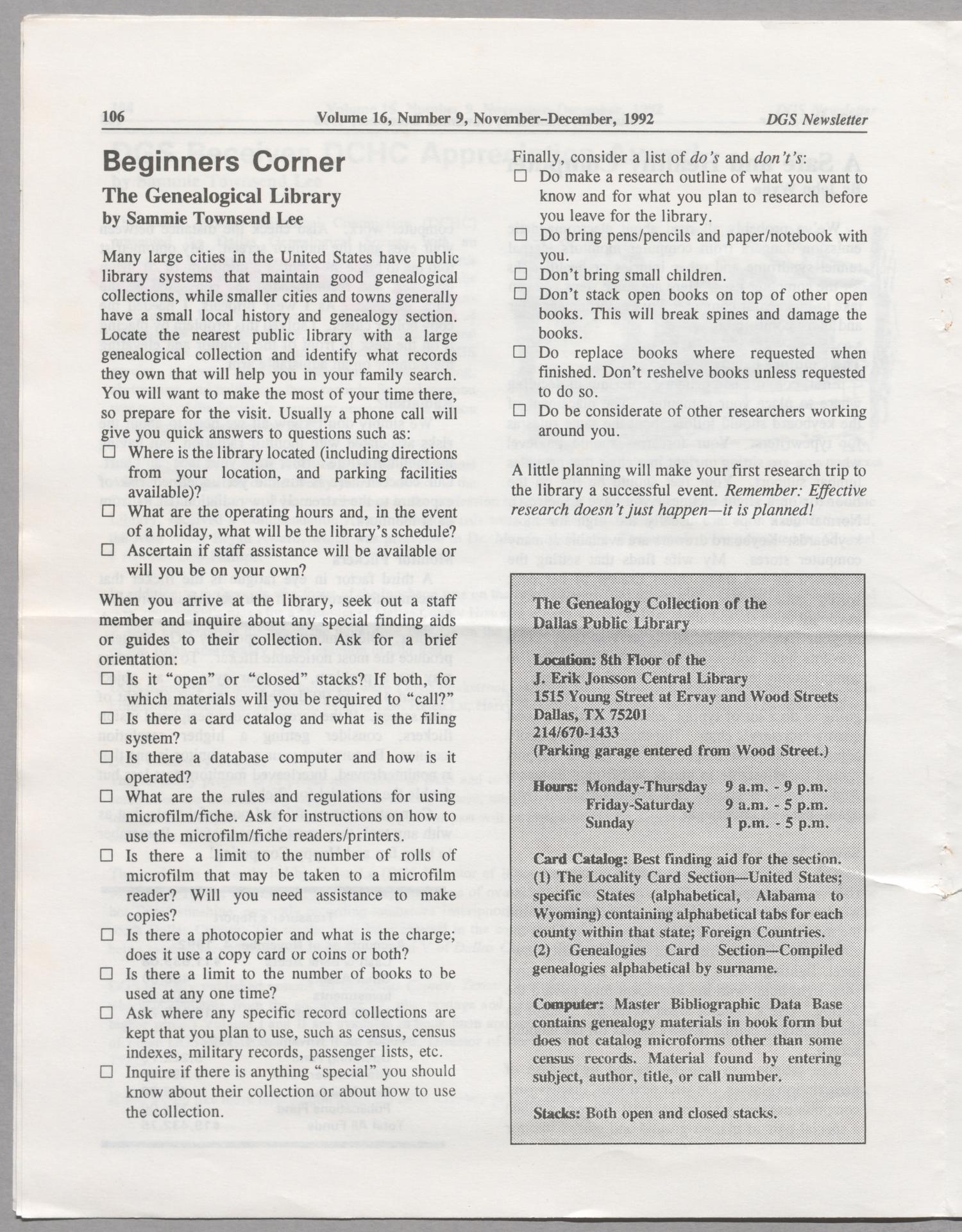 DGS Newsletter, Volume 16, Number 9, November 1992
                                                
                                                    106
                                                