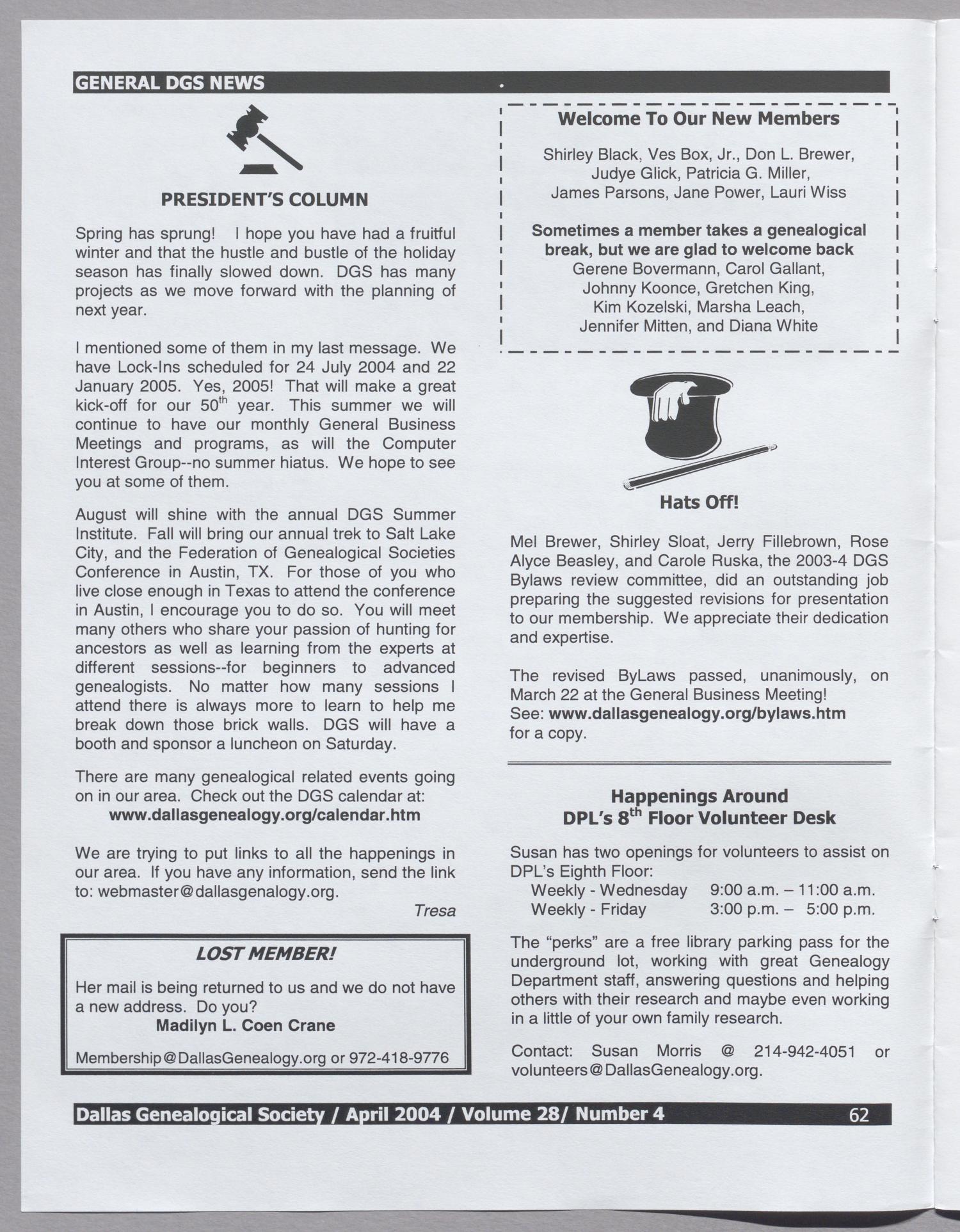 DGS Newsletter, Volume 28, Number 4, April 2004
                                                
                                                    62
                                                