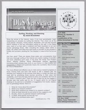 Primary view of object titled 'DGS Newsletter, Volume 33, Number 8, April 2008'.