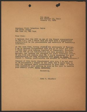 [Letter from John W. Stanford to the American Civil Liberties Union, January 19, 1962]
