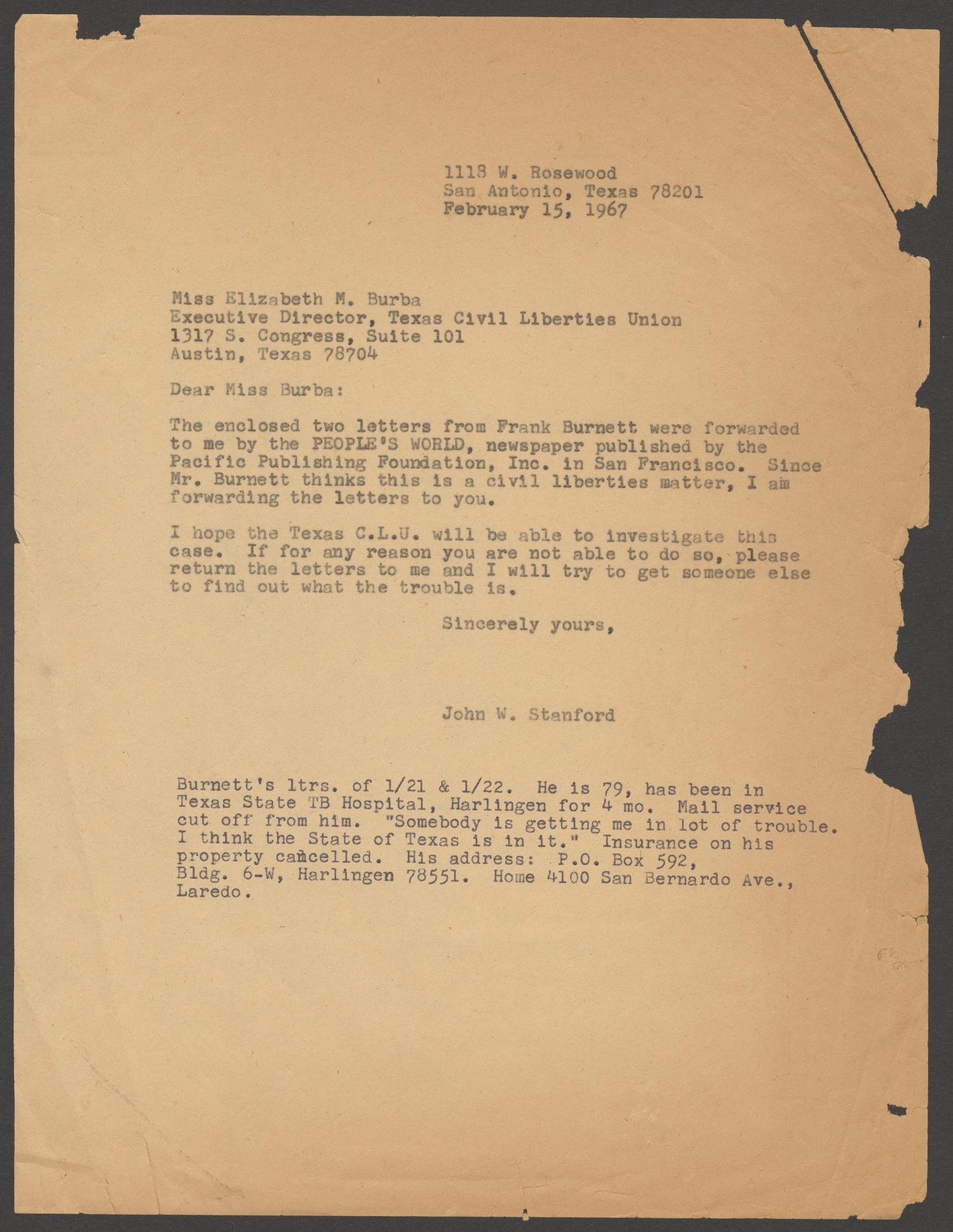 Letter From John W Stanford To Elizabeth M Burba February 15 1967 The Portal To Texas History
