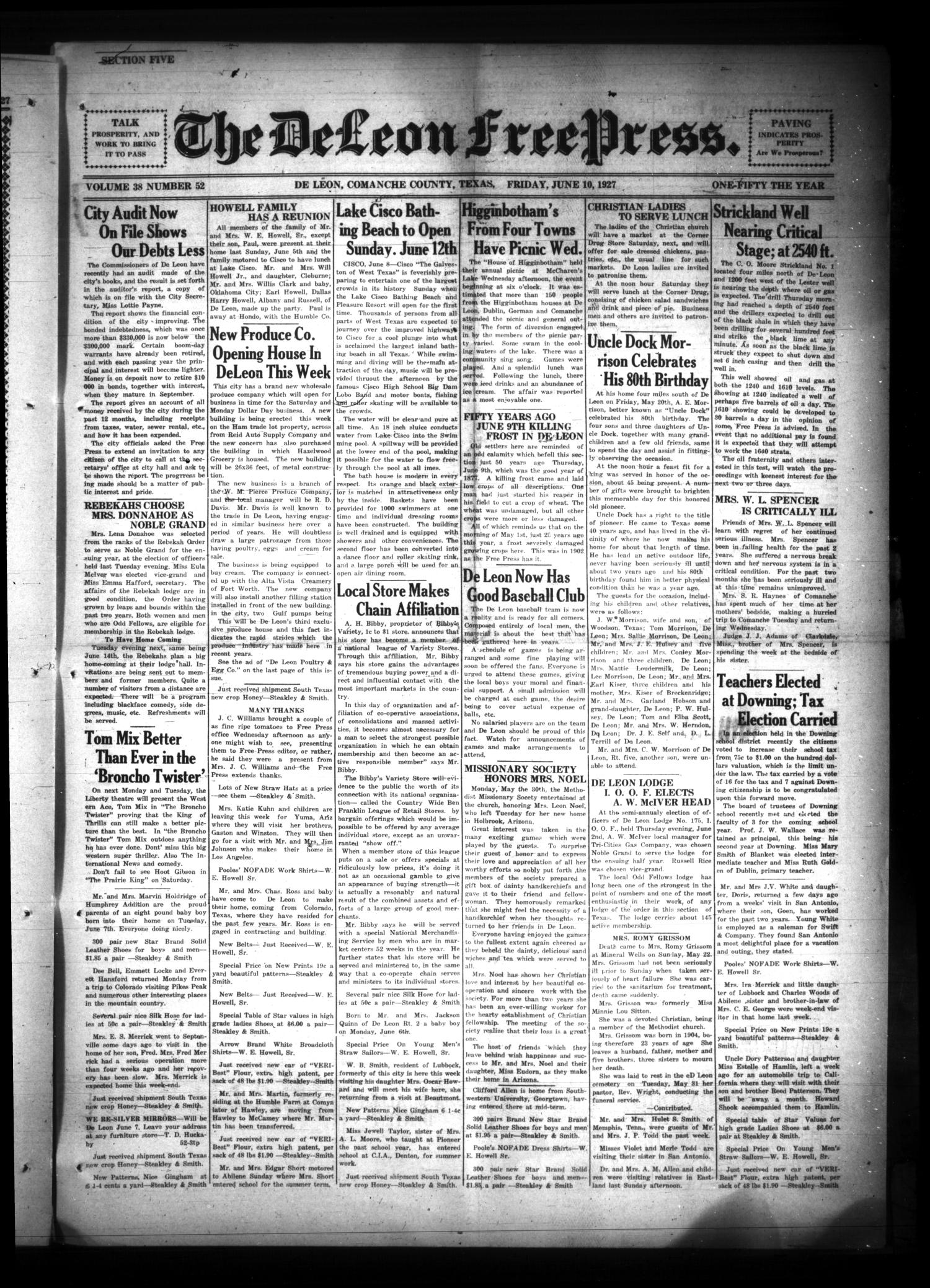 The DeLeon Free Press. (De Leon, Tex.), Vol. 38, No. 52, Ed. 1 Friday, June 10, 1927
                                                
                                                    [Sequence #]: 1 of 7
                                                