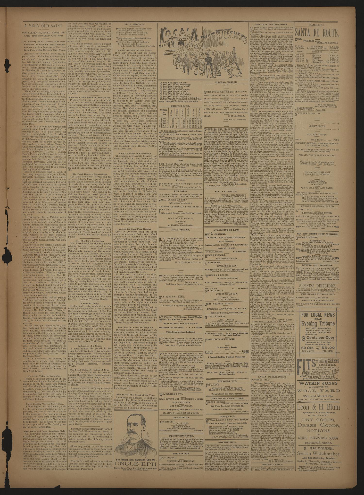 Evening Tribune. (Galveston, Tex.), Vol. 12, No. 140, Ed. 1 Tuesday, April 26, 1892
                                                
                                                    [Sequence #]: 3 of 4
                                                