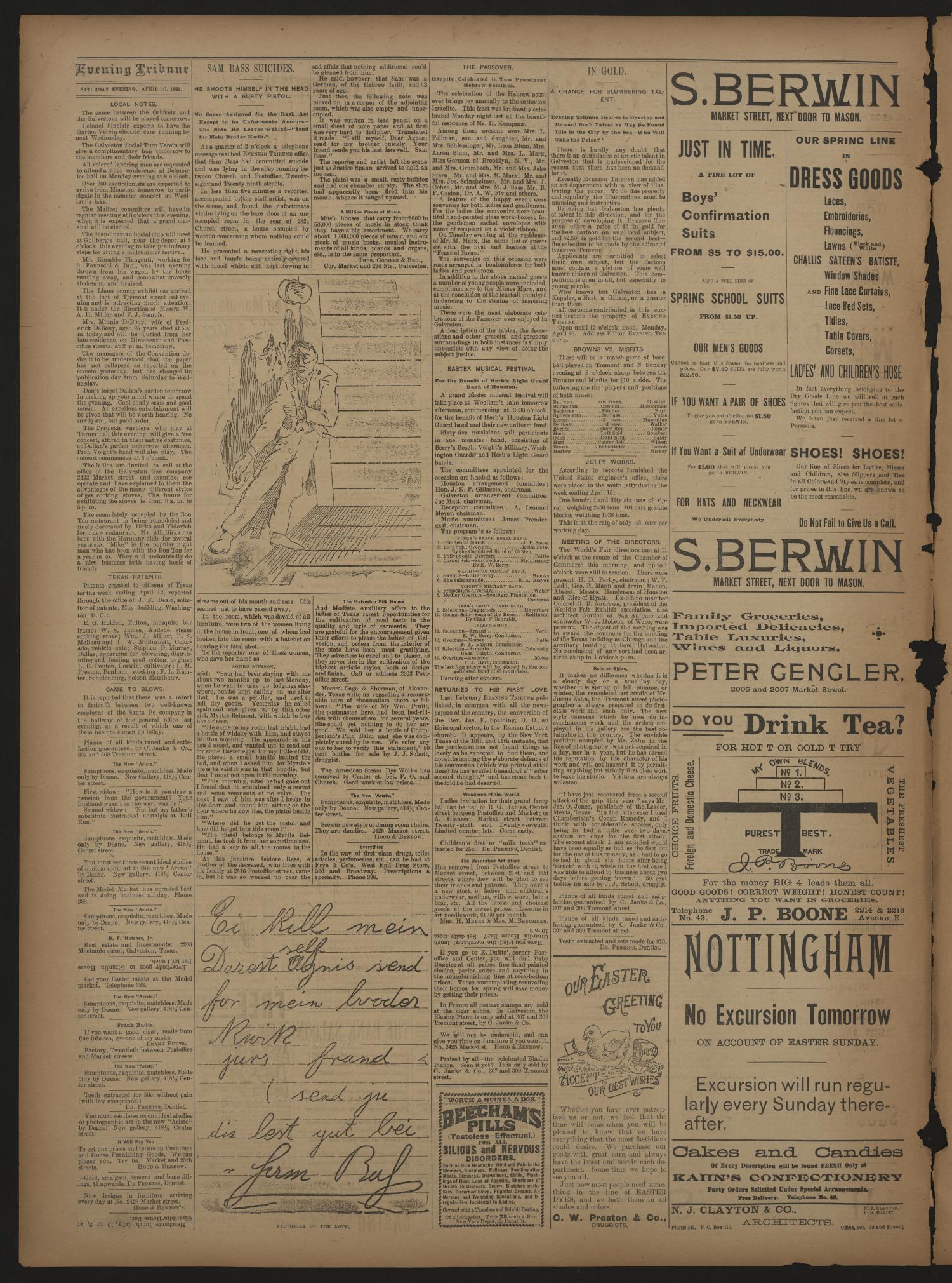 Evening Tribune. (Galveston, Tex.), Vol. 12, No. 132, Ed. 1 Saturday, April 16, 1892
                                                
                                                    [Sequence #]: 4 of 4
                                                