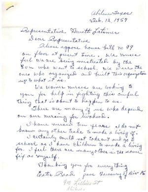 [Letter from Ester Read to Truett Latimer, February 12, 1957]