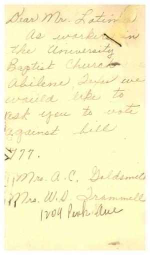 [Postcard from Mrs. A. C. Goldsmith and Mrs. W. H. Trammell to Truett Latimer, April 4, 1957]