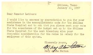 [Postcard from Mary Alice Patton to Truett Latimer, January 11, 1957]