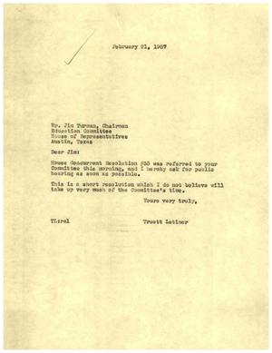 [Letter from Truett Latimer to Jim Turman, February 21, 1957]