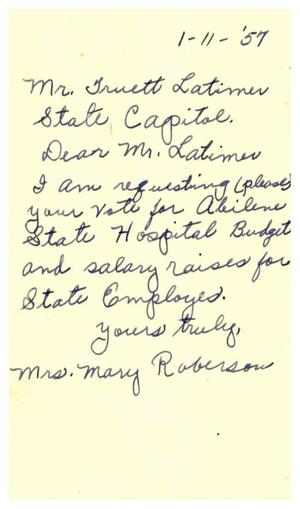 [Postcard from Mary Roberson to Truett Latimer, January 12, 1957]