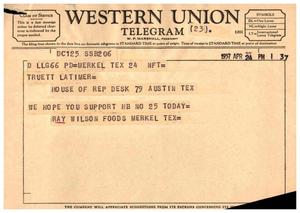 [Telegram from Ray Wilson Foods to Truett Latimer, April 24, 1957]