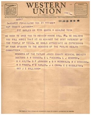 [Telegram from Members of the Taylor Jones County Medical Society to Truett Latimer, January 29, 1955]