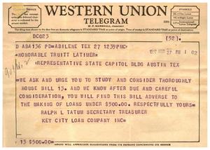 [Telegram from Ralph L. Tatum to Truett Latimer, March 27, 1957]