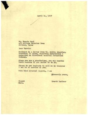 [Letter from Truett Latimer to Marvin Veal, April 16, 1957]