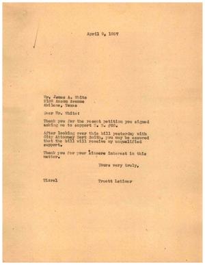 [Letter from Truett Latimer to James A. White, April 9, 1957]
