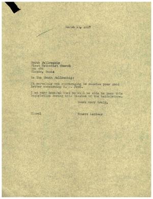 Primary view of object titled '[Letter from Truett Latimer to Claude First Methodist Church Youth Fellowship, March 14, 1957]'.