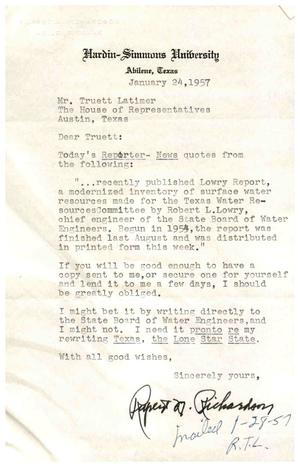 [Letter from Rupert N. Richardson to Truett Latimer, January 24, 1957]