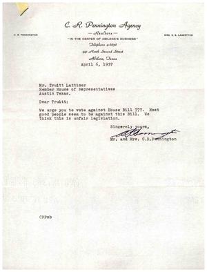 [Letter from Mr. and Mrs. C. R. Pennington to Truett Latimer, April 6, 1957]