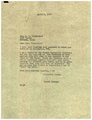 [Letter from Truett Latimer to Mrs. A. O. Richardson, April 4, 1957]
