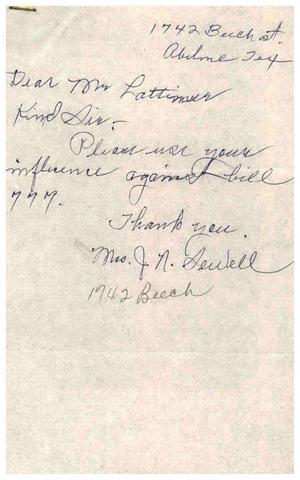 [Letter from Mrs. J. N. Sewell to Truett Latimer]