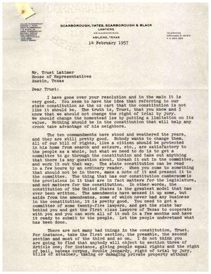 [Letter from Dallas Scarborough to Truett Latimer, February 14, 1957]