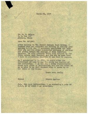 [Letter from Truett Latimer to W. P. Wright, March 27, 1957]