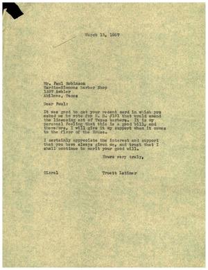 [Letter from Truett Latimer to Paul Robinson, March 15, 1957]