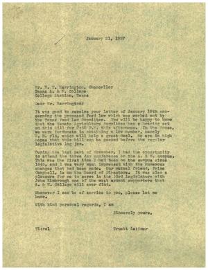[Letter from Truett Laltimer to M. T. Harrington, January 21, 1957]