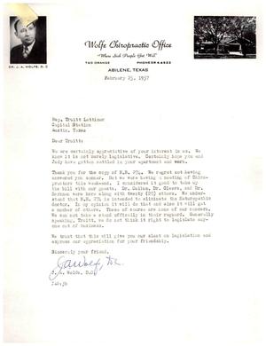 [Letter from J. A. Wolfe to Truett Latimer, February 25, 1957]