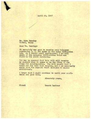[Letter from Truett Latimer to Babe Tarpley, April 25, 1957]