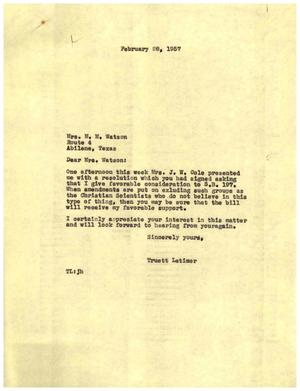 [Letter from Truett Latimer to Mrs. M. M. Watson, February 28, 1957]