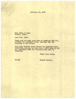 [Letter from Truett Latimer to Eula J. West, February 18, 1957]