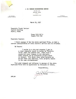 [Letter from J. W. Vernon to Truett Latimer, March 29, 1957]