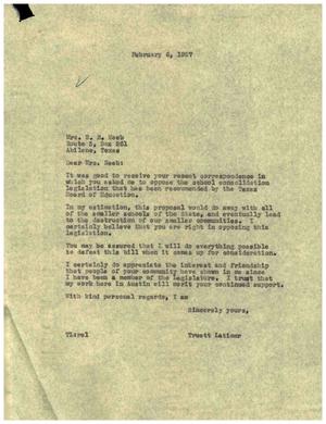 [Letter from Truett Latimer to Mrs. E. R. Neeb, February 6, 1957]